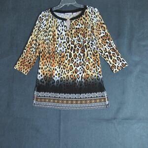 Susan Graver Top Womens Small Brown Black Leopard 3/4 Sleeve Neck Jewel Blouse